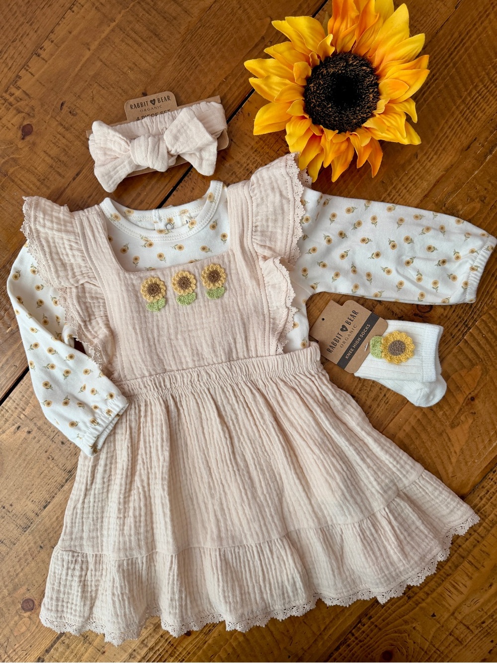 Fall Baby Girl Outfit Organic Cotton Sunflower Ruffle Pinafore Dress 6-9 months